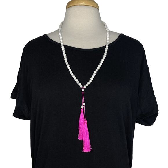 SHIRALEAH New Pink Java Boho Statement Long Necklace Tassle White Wood Beads - Picture 1 of 6